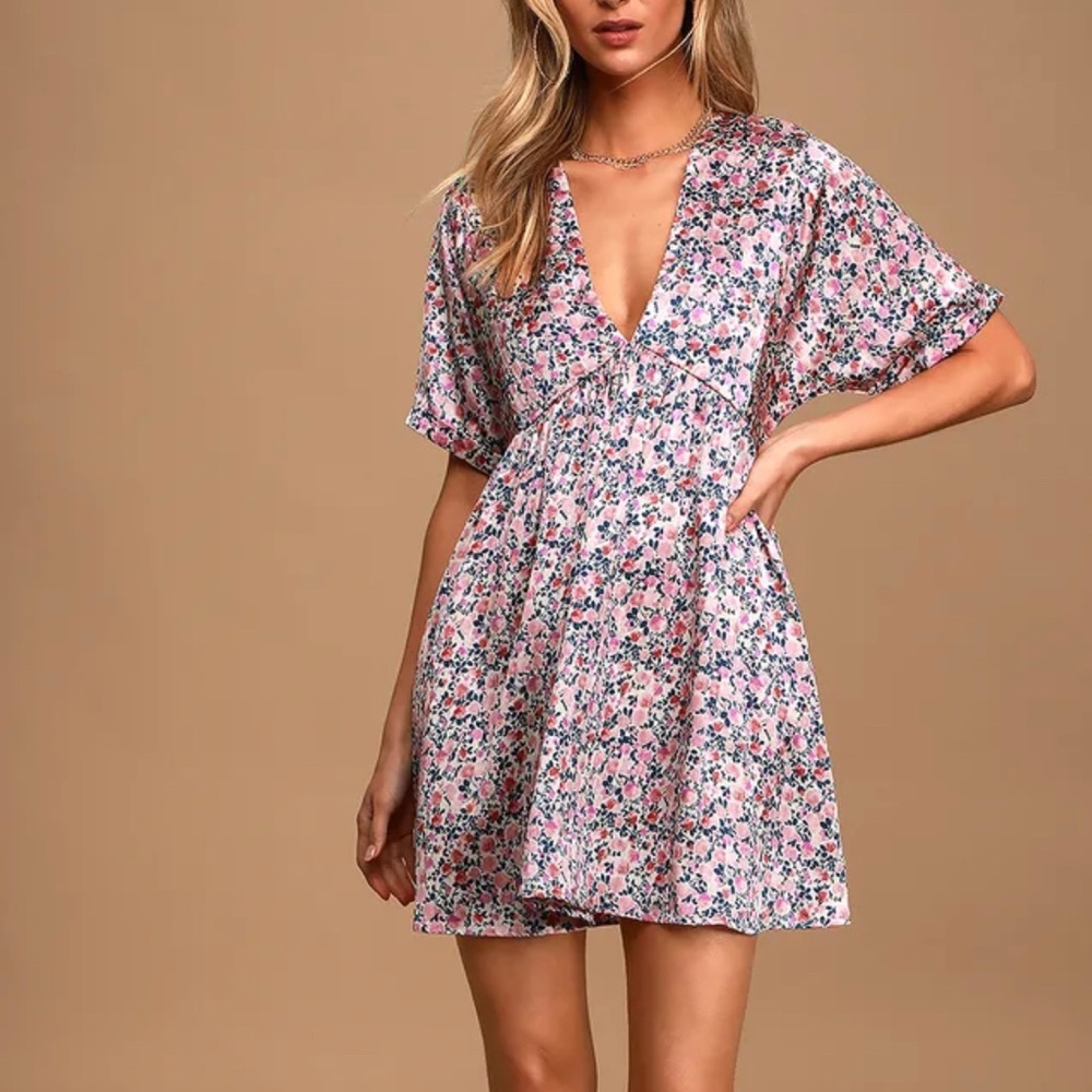 Lulus Express Yourself Blush Pink Floral Print Satin Babydoll Dress